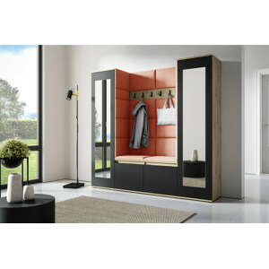 Eka Předsíňová stěna s čalouněnými panely Trinity 31 - Dub Artisan s černou / Oranžová 2317