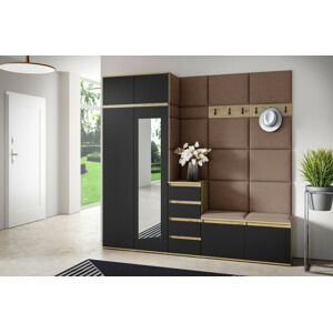 Eka Předsíňová stěna s čalouněnými panely Trinity 33 - Dub Artisan s černou / Hnědá 2307