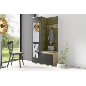 Eka Předsíňová stěna s čalouněnými panely Trinity 13 - Dub Artisan s černou / Khaki zelená 2327