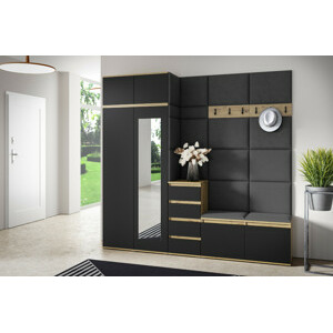 Eka Předsíňová stěna s čalouněnými panely Trinity 33 - Dub Artisan s černou / Tmavá šedá 2315