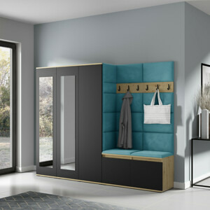 Eka Předsíňová stěna s čalouněnými panely Trinity 15 - Dub Artisan s černou / Azurová 2313