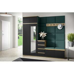 Eka Předsíňová stěna s čalouněnými panely Trinity 33 - Dub Artisan s černou / Tmavá zelená 2328