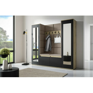 Eka Předsíňová stěna s čalouněnými panely Trinity 31 - Dub Artisan s černou / Tmavá béžová 2305