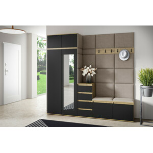 Eka Předsíňová stěna s čalouněnými panely Trinity 33 - Dub Artisan s černou / Tmavá béžová 2305