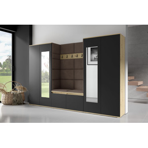 Eka Předsíňová stěna s čalouněnými panely Trinity 10 - Dub Artisan s černou / Tmavá hnědá 2308