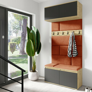 Eka Předsíňová stěna s čalouněnými panely Trinity 23 - Dub Artisan s černou / Okrová 2325