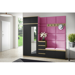 Eka Předsíňová stěna s čalouněnými panely Trinity 33 - Dub Artisan s černou / Růžová 2310