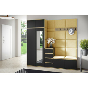 Eka Předsíňová stěna s čalouněnými panely Trinity 33 - Dub Artisan s černou / Žlutá 2318