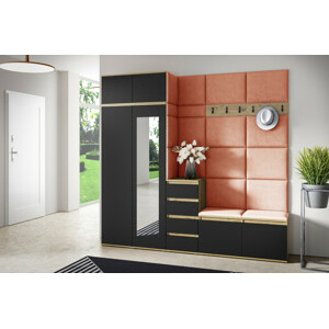 Eka Předsíňová stěna s čalouněnými panely Trinity 33 - Dub Artisan s černou / Oranžová 2317