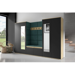 Eka Předsíňová stěna s čalouněnými panely Trinity 10 - Dub Artisan s černou / Tmavá zelená 2328