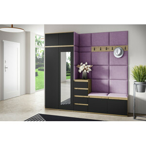 Eka Předsíňová stěna s čalouněnými panely Trinity 33 - Dub Artisan s černou / Fialová 2311