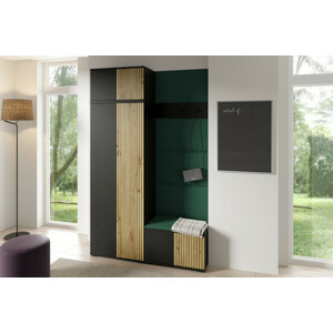 Eka Předsíňová stěna s čalouněnými panely Joey 2 - Černá a Dub Artisan / Tmavá zelená 2328