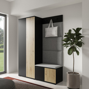 Eka Předsíňová stěna s čalouněnými panely Joey 1 - Černá a Dub Artisan / Šedá 2314