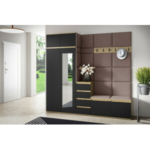 Eka Předsíňová stěna s čalouněnými panely Trinity 33 - Dub Artisan s černou / Světlá hnědá 2306