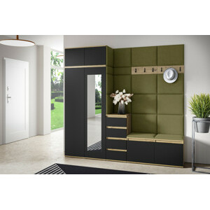 Eka Předsíňová stěna s čalouněnými panely Trinity 33 - Dub Artisan s černou / Khaki zelená 2327