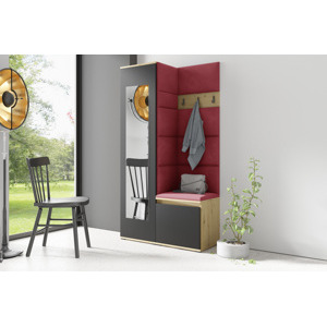 Eka Předsíňová stěna s čalouněnými panely Trinity 13 - Dub Artisan s černou / Rubínová 2324
