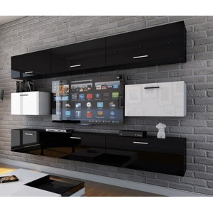 Ral Obývací stěna MIAMI 2, 249 cm - Černo / bílý lesk