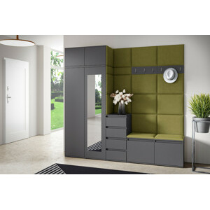 Eka Předsíňová stěna s čalouněnými panely Trinity 33 - Grafit / Khaki zelená 2327