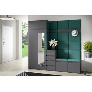 Eka Předsíňová stěna s čalouněnými panely Trinity 33 - Grafit / Tmavá zelená 2328