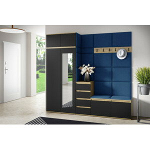 Eka Předsíňová stěna s čalouněnými panely Trinity 33 - Dub Artisan s černou / Tmavá modrá 2331