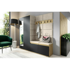 Eka Předsíňová stěna s čalouněnými panely Trinity 8 - Dub Artisan s černou / Tmavá krémová 2302