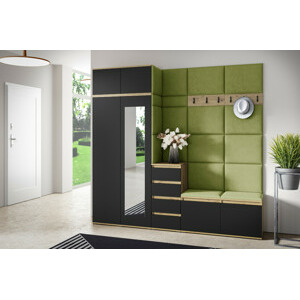 Eka Předsíňová stěna s čalouněnými panely Trinity 33 - Dub Artisan s černou / Olivová 2312