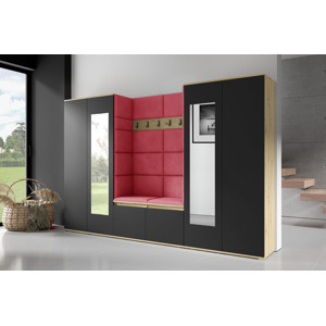 Eka Předsíňová stěna s čalouněnými panely Trinity 10 - Dub Artisan s černou / Červená 2309