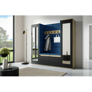 Eka Předsíňová stěna s čalouněnými panely Trinity 31 - Dub Artisan s černou / Tmavá modrá 2331