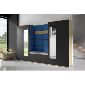 Eka Předsíňová stěna s čalouněnými panely Trinity 10 - Dub Artisan s černou / Tmavá modrá 2331