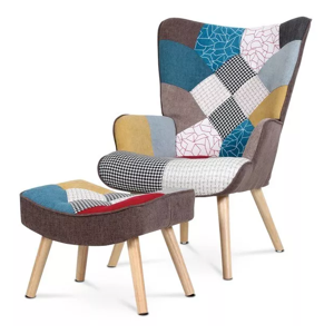 Relaxační křeslo ušák s podnožkou ALFIE – masiv, látka, patchwork