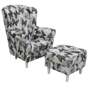 Relaxační křeslo ušák s taburetem ASTRID — dřevo/látka, více barev Bílá-vzor motýly