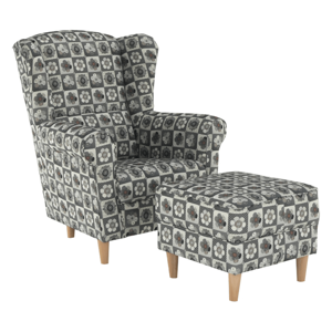 Relaxační křeslo ušák s taburetem ASTRID — dřevo/látka, více barev Látka patchwork N1