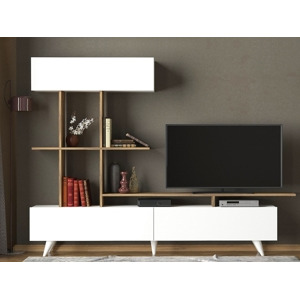 Televizní stolek HORST se skříňkou a policemi, bílá/ořech vlašský