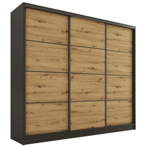 Šatní skříň HARAZIA 200 bez zrcadla, se 4 šuplíky a 2 šatními tyčemi, černý mat / dub artisan