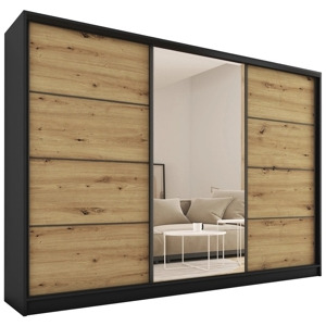 Šatní skříň HARAZIA 250 se zrcadlem, 4 šuplíky a 2 šatními tyčemi, černý mat/dub artisan