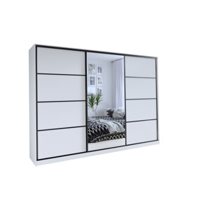 Šatní skříň HARAZIA 250 se zrcadlem, 4 šuplíky a 2 šatními tyčemi, bílý mat