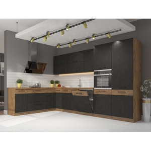 Rohová kuchyně ZEATA 210 x 350 cm, korpus: dub lancelot, dvířka: matera/dub lancelot