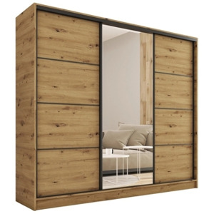 Šatní skříň HARAZIA 200 se zrcadlem, 4 šuplíky a 2 šatními tyčemi, dub artisan