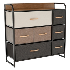 Komoda ZBYŠEK s látkovými šuplíky typ 3, černá/béžová/světlehnědá/tmavohnědá
