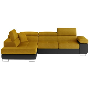Rozkládací rohová sedačka MENDON 28, žlutá látka/černá ekokůže, levá