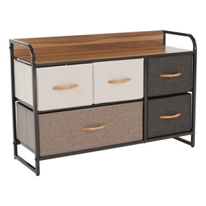 Komoda ZBYŠEK s látkovými šuplíky typ 4, černá/béžová/světlehnědá/tmavohnědá