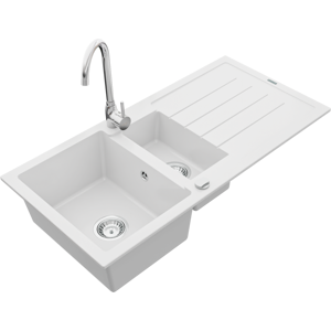 Granitový dřez s kuchyňskou baterií MEXEN ANDRES bílý/chrom