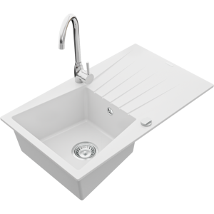 Granitový dřez s kuchyňskou baterií MEXEN CESAR bílý/chrom