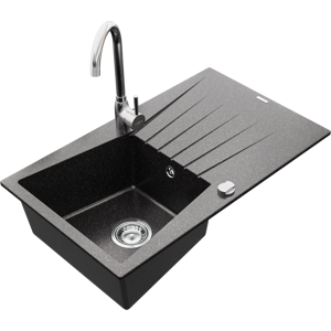Granitový dřez s kuchyňskou baterií MEXEN CESAR černý-skvrnitý/chrom