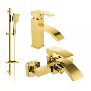 Sada baterií MEXEN LIBRA DQ45 - nízká umyvadlová baterie + vanová baterie se sprchou zlatá