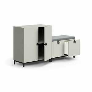 Sestava skříní QBUS, skříňka, lavice s úložným prostorem a šedým podsedákem, 2 zásuvky, nohy, úchytk