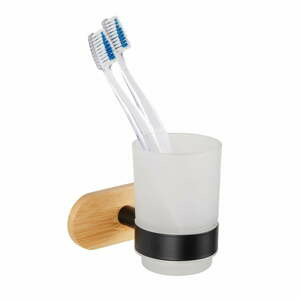 Samodržící skleněný kelímek na zubní kartáčky v černé a přírodní barvě Orea Bamboo – Wenko