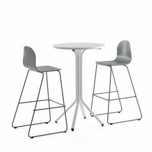 Sestava VARIOUS + GANDER, stůl Ø700x1050 mm, bílá + 2 barové židle, zelenošedá