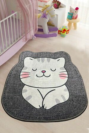 ASIR Kulatý dětský koberec (80 cm) NEKO šedý s kočkou