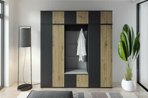 Eka Předsíňová stěna s čalouněnými panely Joey 4 - Černá a Dub Artisan / Šedá 2314